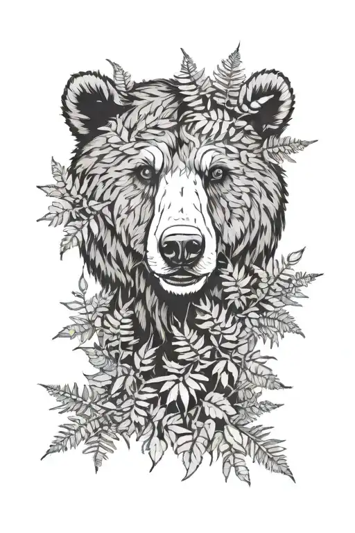 grizzlie bear head surrounded by  ferns tattoo design idea