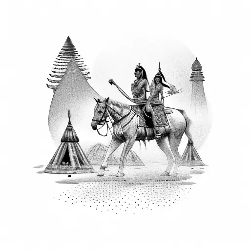 Indian woman riding a horse in front of an Indian hut tattoo design idea