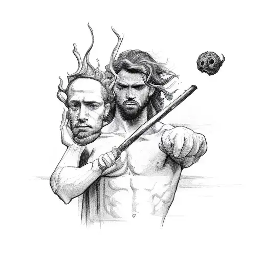 Silhouette lineart of David holding goliaths head, both smoking a joint tattoo design idea