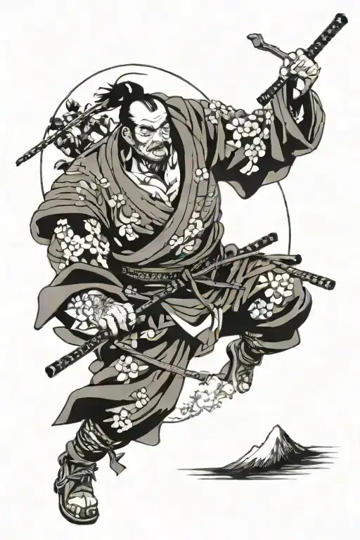 ronin stands in top of mountain full moon  tattoo design idea