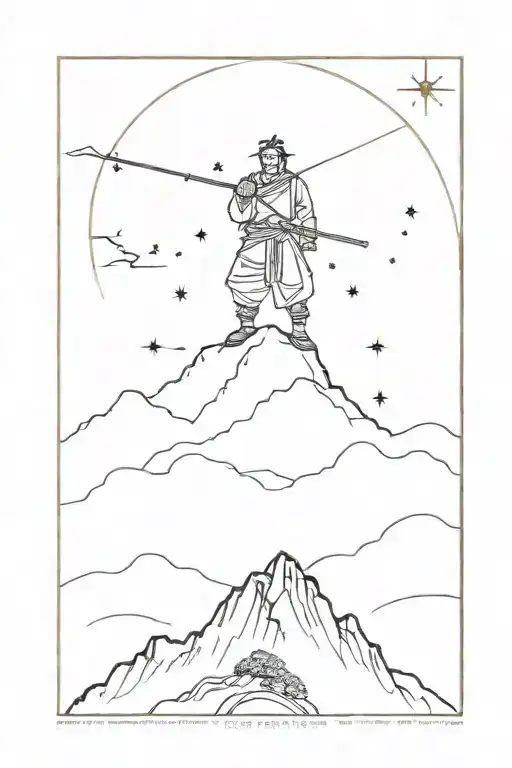 ronin stands in top of mountain full moon surrounded by stars tattoo design idea