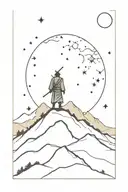 ronin stands in top of mountain full moon surrounded by stars tattoo design idea
