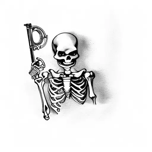 Skeleton with a revolver and the empty shelss faling out of it tattoo design idea