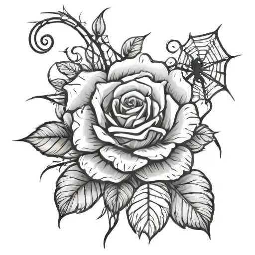 Rose with spider web coming out of stem rose tattoo design idea