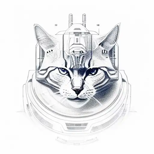 A realistic portrait of a Battlestar Galactica spaceship surrounded by cats tattoo design idea