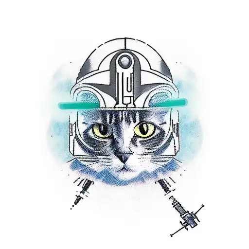 A new-school tattoo design featuring a cat dressed as a Jedi with a lightsaber in a Battlestar Galactica spaceship tattoo design idea