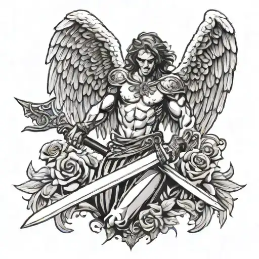 fallen angel with wings spread holding sword tattoo design idea