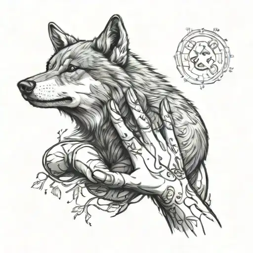 A caregiver's hands cradling a wounded wolf, symbolizing protection and care for nature's creatures tattoo design idea