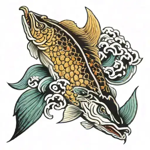 Colorful pike japanese woodcut style tattoo design idea