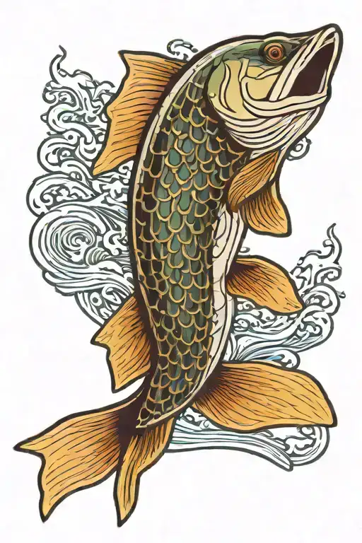 Naturally colored and shaped northern pike in waves japanese woodcut style tattoo design idea