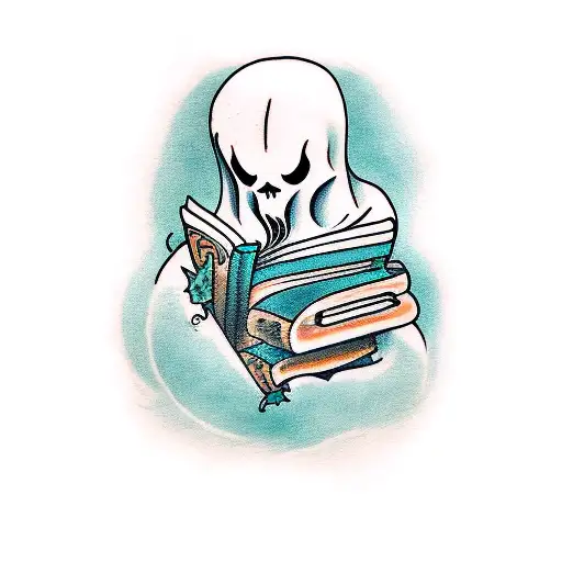 ghost reading a book and drinking coffee  tattoo design idea