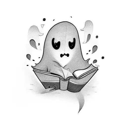 happy ghost reading a book and drinking coffee  tattoo design idea