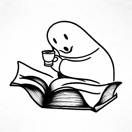 Casper the ghost drinking coffee and reading a book  tattoo design idea