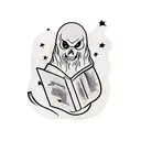 ghost reading a book and drinking coffee  tattoo design idea