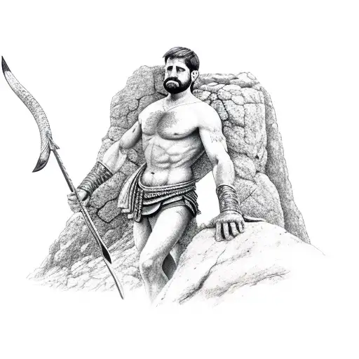 Leonidas, standing on a rugged rock formation. he should be holding a spear with a snake coiled around it tattoo design idea