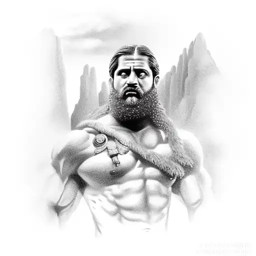 Leonidas, standing on a rugged rock formation. He should have his muscular chest proudly displayed, and he should be hol tattoo design idea