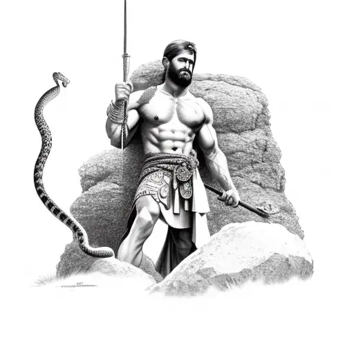 Leonidas, standing on a rugged rock formation. he should be holding a spear with a snake coiled around it tattoo design idea