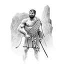 Leonidas, standing on a rugged rock formation. he should be holding a spear with a snake coiled around it tattoo design idea