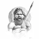 Leonidas, standing on a rugged rock formation. he should be holding a spear with a snake coiled around it tattoo design idea