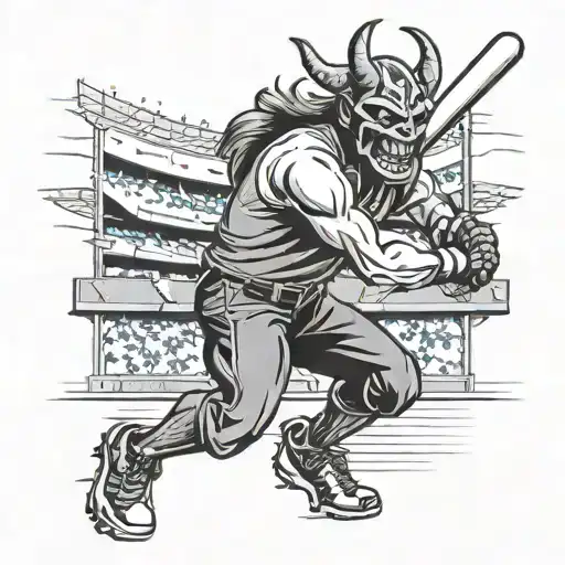 A demon playing softball in a Las Vegas themed stadium, showcasing the client's interests in softball, heavy metal, and Las Vegas tattoo design idea
