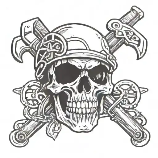 A skull with crossed wrenches and softball bats tattoo design idea