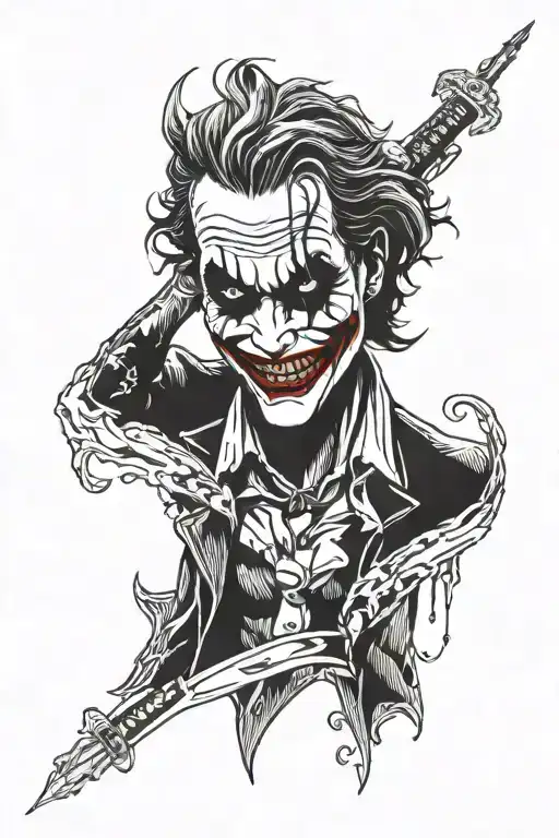 shoulder and armband tattoo in black and white with the Joker, Sun, Dalton, Lynleigh, a big V, American flag, P tattoo design idea