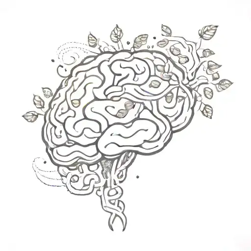 A stylized brain with coffee beans as neurons, surrounded by serotonin molecules, symbolizing the connection between coffee, mental health, and happiness tattoo design idea