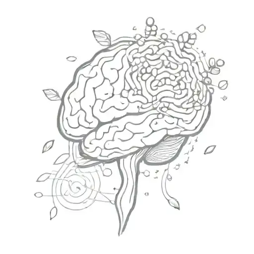 A stylized brain with coffee beans as neurons, surrounded by serotonin molecules, symbolizing the connection between coffee, mental health, and happiness tattoo design idea