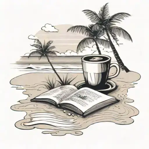 A serene beach scene with a coffee cup and a book on the sand tattoo design idea