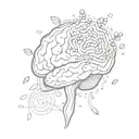 A stylized brain with coffee beans as neurons, surrounded by serotonin molecules, symbolizing the connection between coffee, mental health, and happiness tattoo design idea