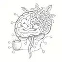 A stylized brain with coffee beans as neurons, surrounded by serotonin molecules, symbolizing the connection between coffee, mental health, and happiness tattoo design idea