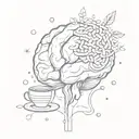 A stylized brain with coffee beans as neurons, surrounded by serotonin molecules, symbolizing the connection between coffee, mental health, and happiness tattoo design idea