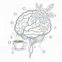 A stylized brain with coffee beans as neurons, surrounded by serotonin molecules, symbolizing the connection between coffee, mental health, and happiness tattoo design idea