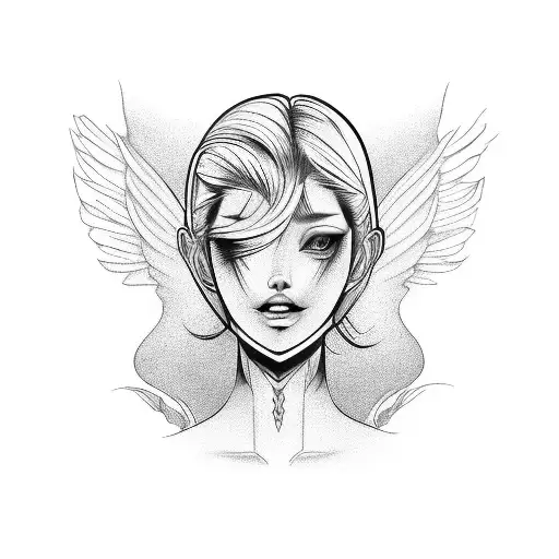 wing covers girl face tattoo design idea