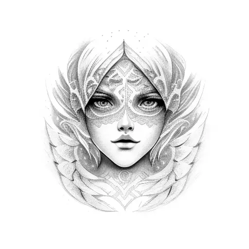 face of a girl covered by a wing tattoo design idea