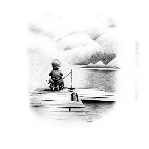 a child and old man sitting on a dock fishing tattoo design idea