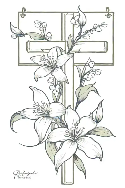 cross, Lily of the valley flower, Philippians 1:6 bible verse, half sleeve tattoo design idea