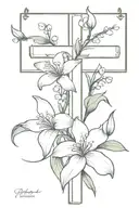 cross, Lily of the valley flower, Philippians 1:6 bible verse, half sleeve tattoo design idea