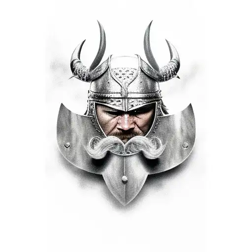 viking warrior, detailed,intricate, realistic, black and white, shield, horns tattoo design idea