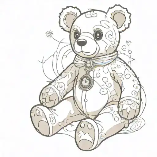 Voodoo teddy bear, with black button eyes, tarot cards around him, the line drawing is done in black and white line art tattoo design idea
