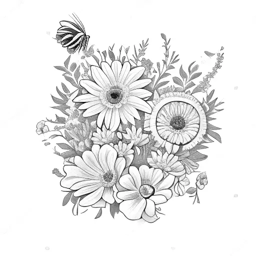 boquet with anemone, rose, gerbera, freesia, coneflower, orchid, crowned by a bee and a butterfly." tattoo design idea