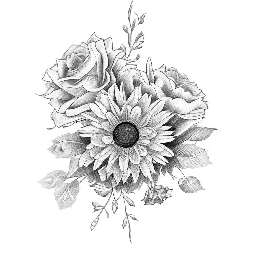 A tattoo showcasing birth month flowers for January, April, May, June, and October would depict a vibrant bouquet of var tattoo design idea