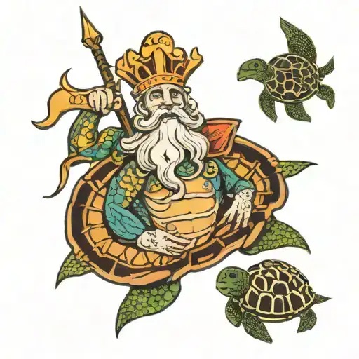 a singleline with king neptune and a shellback turtle tattoo design idea