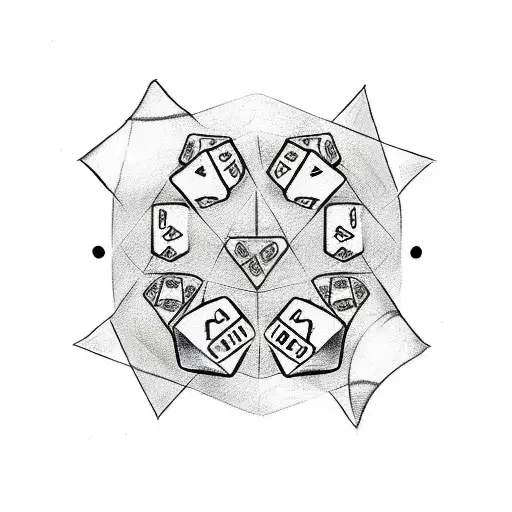 A sketch-style tattoo featuring two playing dice, one with a 4 and the other with a 1, surrounded by game-related symbols tattoo design idea
