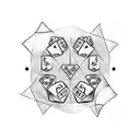 A sketch-style tattoo featuring two playing dice, one with a 4 and the other with a 1, surrounded by game-related symbols tattoo design idea