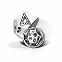 A sketch-style tattoo featuring two playing dice, one with a 4 and the other with a 1, surrounded by game-related symbols tattoo design idea