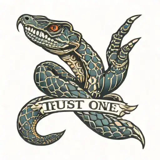 snake and hand  and text format trust no one tattoo design idea