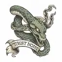 snake and hand  and text format trust no one tattoo design idea