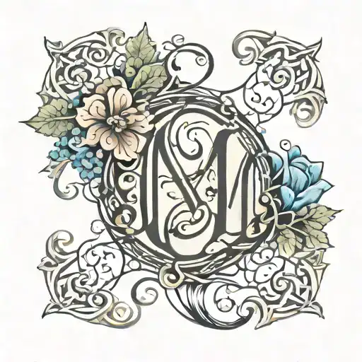 initials N, J, M, R with vines and flowers tattoo design idea