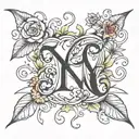 initials N, J, M, R with vines and flowers tattoo design idea